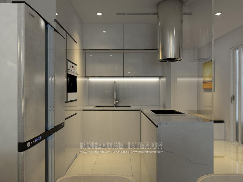 Tủ bếp gỗ công nghiệp với gam màu trắng chủ đạo luôn là sự lựa chọn hoàn hảo cho các căn hộ chung cư nhỏ giúp cơi nới không gian trở nên rộng thoáng mà tinh tế hơn Tủ bếp màu trắng
