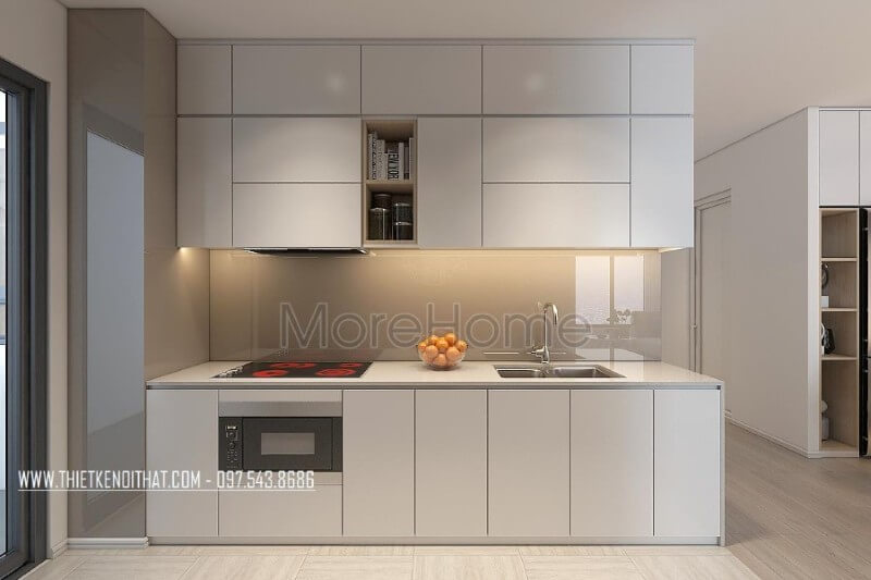 Mẫu tủ bếp kiểu dáng chữ i gỗ acrylic màu trắng kết hợp phân chia các ngăn tủ một cách hợp lí, tạo cho người nội trợ thuận tiện hơn trong quá trình mang lại những bữa cơm ngon miệng cho những người thân yêu của mình Tủ bếp gỗ công nghiệp và tủ bếp acrylic