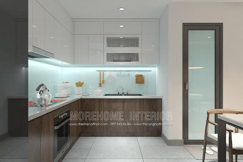 Mẫu tủ bếp hiện đại được kết hợp từ 2 loại chất liệu gỗ acrylic và gỗ MDF dán laminate của An Cường không chỉ mang lại sự sang trọng cho căn bếp, đồng thời đáp ứng được tiêu chí bền và đẹp. Tủ bếp gỗ công nghiệp và tủ bếp acrylic