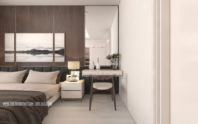 Thiết kế phòng ngủ hiện đại, đẹp với gương trang trí, tranh treo tường canvas, đèn bàn cao cấp. Thiết kế chung cư