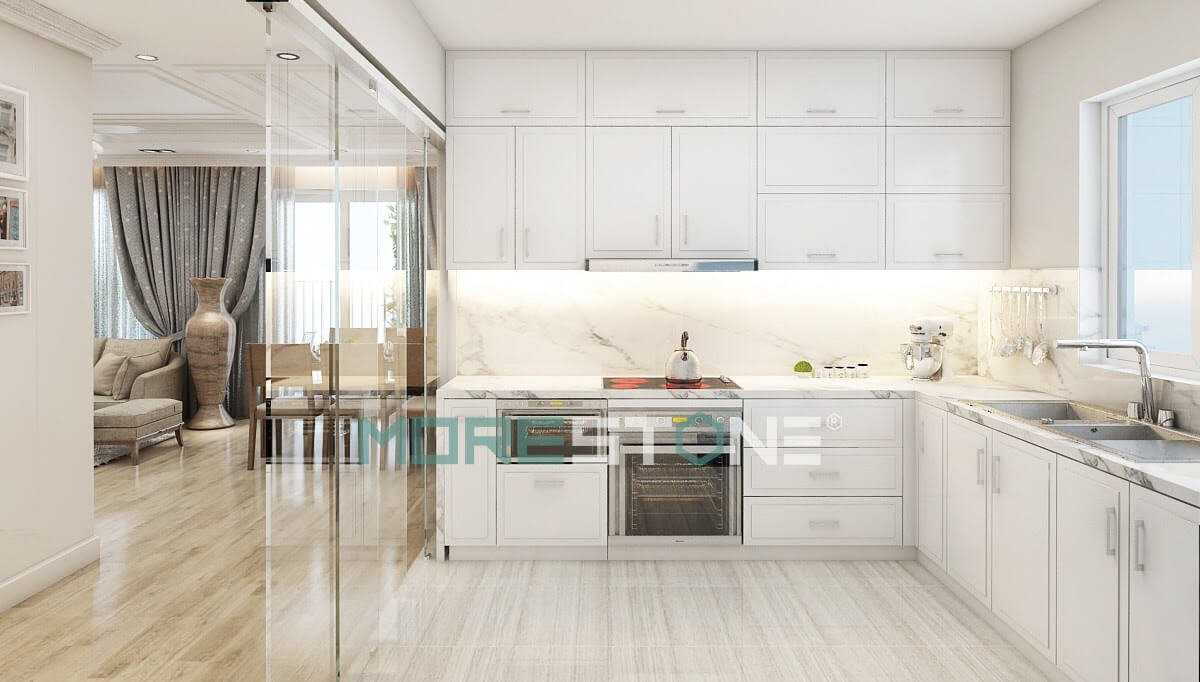 Đá ốp bếp màu trắng vân mây tạo nên vẻ đẹp mềm mại, độc đáo và không kém phần sang trọng cho nội thất phòng bếp Nội thất phòng bếp