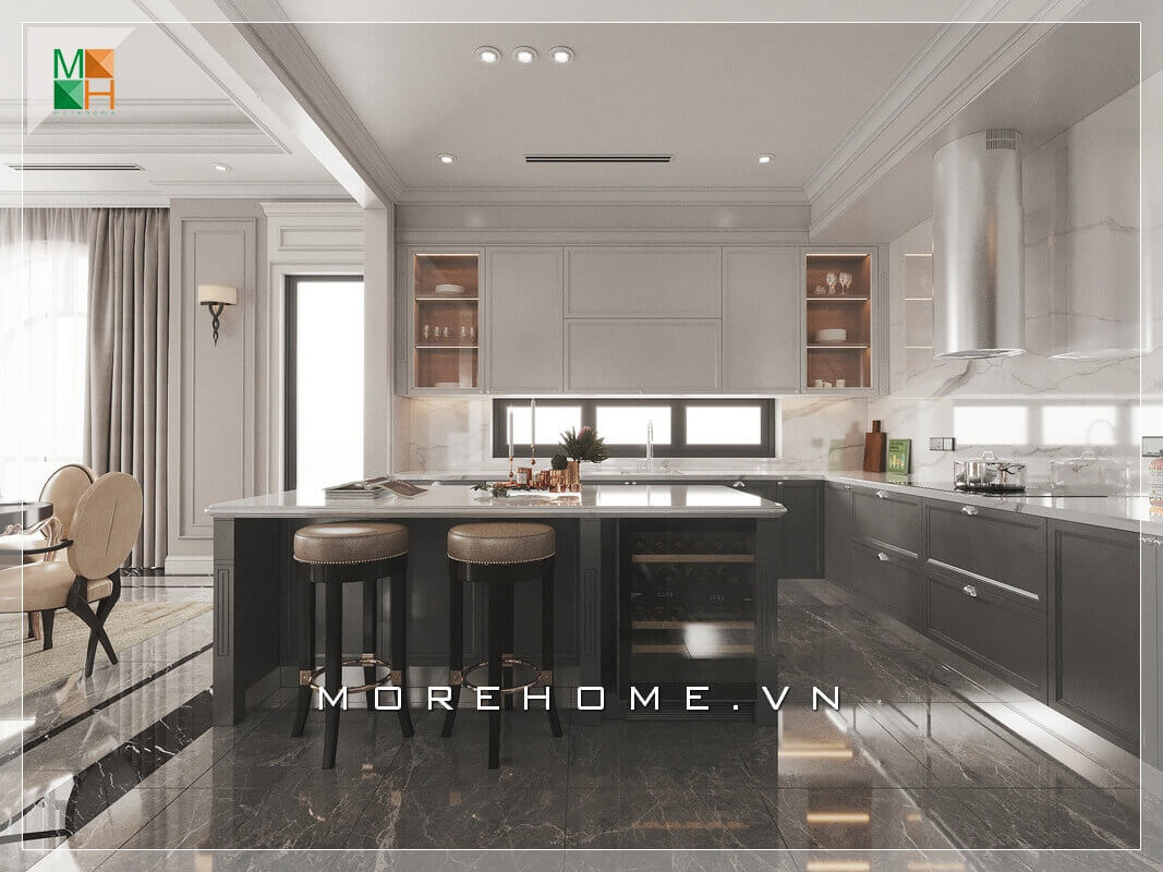 Mẫu tủ bếp hiện đại từ tủ bếp treo tường đến đảo tủ hai ghế tròn bọc da không tựa, tất cả đều thiết kế hoàn hảo biến căn phòng bếp biệt thự trở nên sống động và tiện nghi. Nội thất phòng bếp