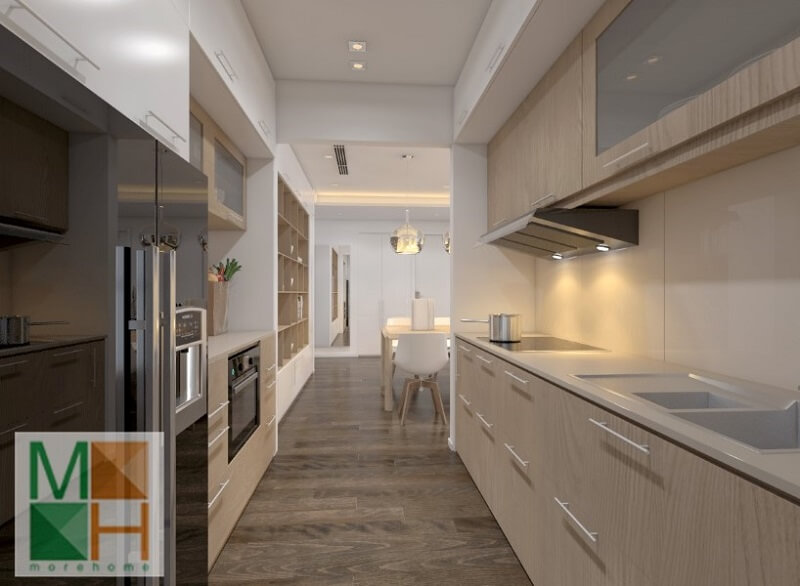 Mẫu thiết kế hệ tủ bếp gỗ tiện nghi sử dụng gỗ công nghiệp An Cường cao cấp màu sáng mang đến vẻ đẹp cho phòng bếp Mẫu nội thất chung cư đẹp