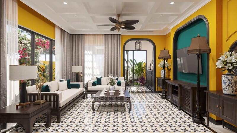 Bản sắc dân tộc được KTS Morehome gửi trọn trong mẫu thiết kế phòng khách biệt thự á đông này Mẫu sofa gỗ sang trọng