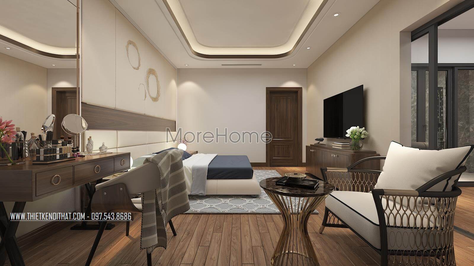 Mẫu sofa bọc vải đẹp với thiết kế khung gỗ mạ vàng kết hợp bàn trà mặt kính cường lực sang trọng cho phòng ngủ master Mẫu sofa gỗ sang trọng