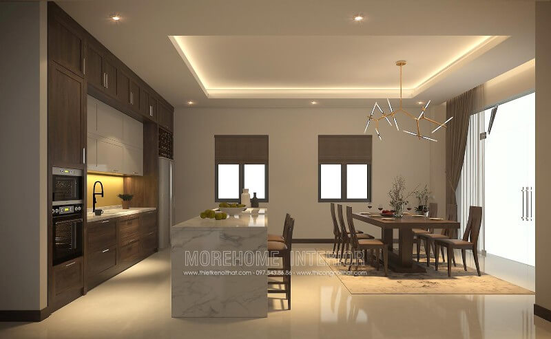 Thiết kế tủ bếp gỗ óc chó kết hợp Acrylic với gam màu lạ mắt là sự lựa chọn lý tưởng cho các không gian nhà bếp mà vẫn toát lên vẻ sang trọng, đẳng cấp Thiết kế và sản xuất tủ bếp đẹp