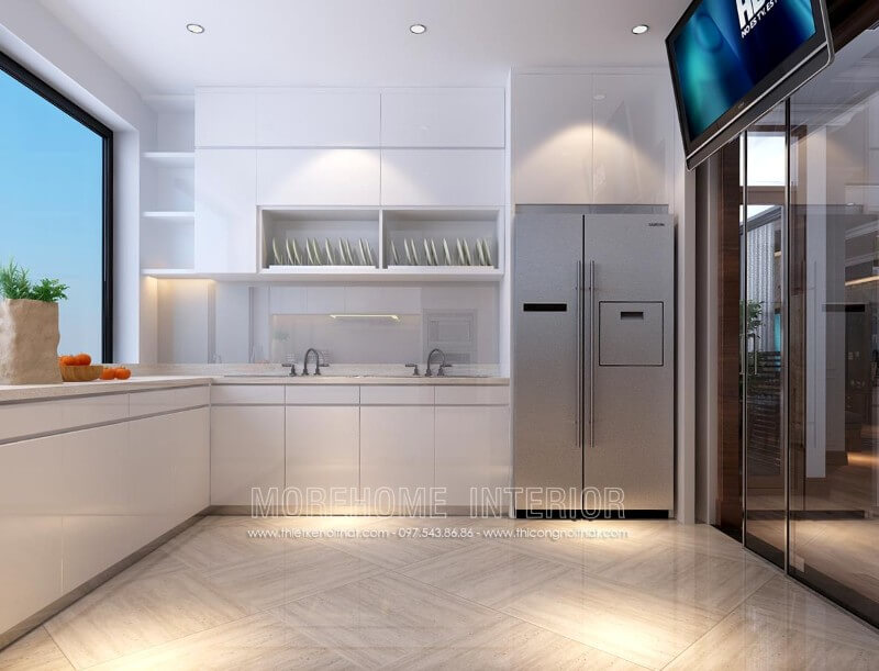 Tủ bếp chữ L hiện đại được thiết kế âm tường giúp tiết kiệm tối đa diện tích cho không gian nhà nhỏ Tủ bếp đẹp