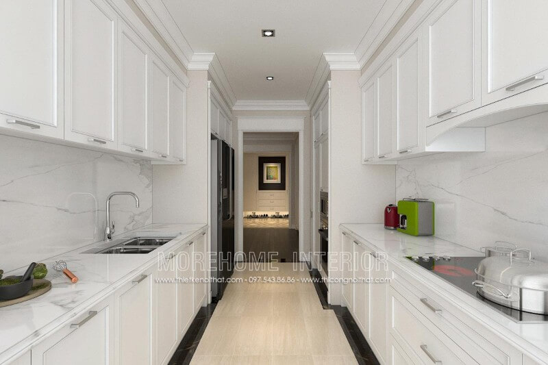 Lựa chọn tone màu trắng làm gam màu chủ đạo, tủ bếp gỗ hiện đại tạo cho căn bếp thêm phần sang trọng và thoáng đãng hơn Tủ bếp đẹp