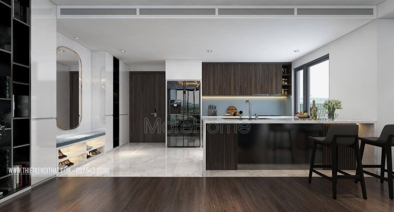 Thiết kế nội thất không gian phòng bếp đa năng với mẫu tủ bếp gỗ công nghiệp tinh tế. Thiết kế tủ bếp chung cư