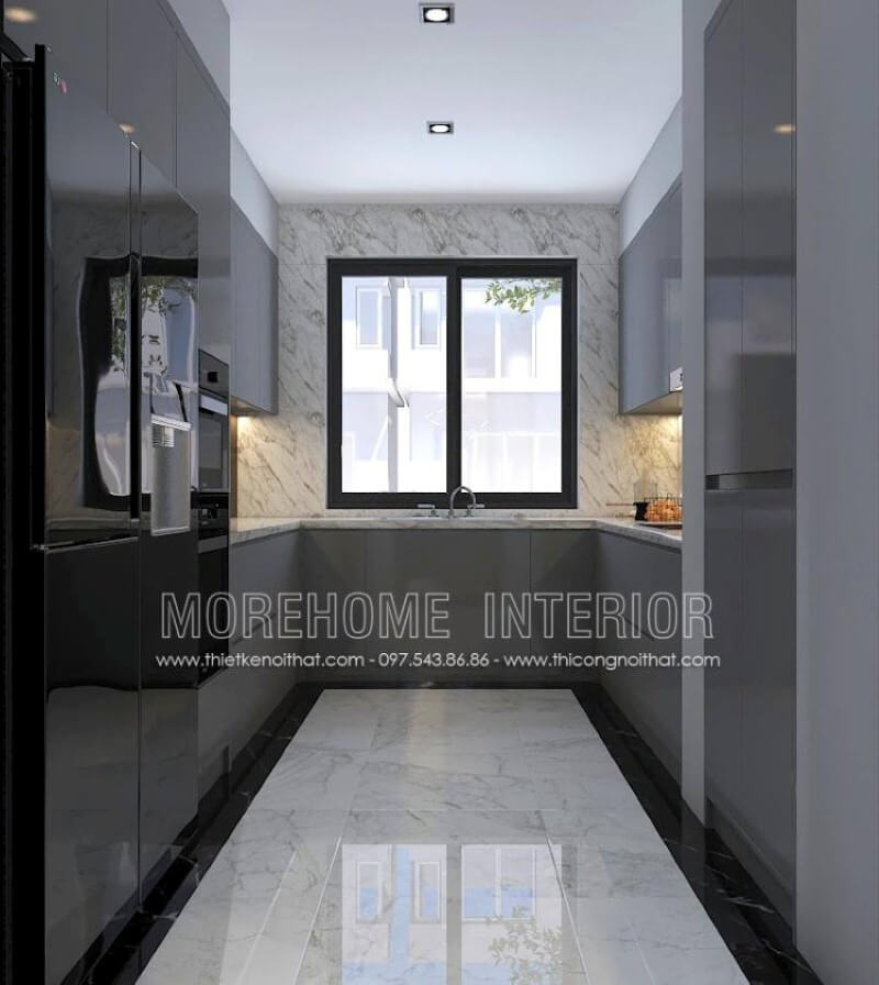 Với không gian bếp không được lớn, bạn nên bố trí nội thất với tủ bếp hình chữ U hiện đại gỗ acrylic trong đây với một bên bố trí tủ lạnh, lò vi sóng, lò nướng một bên là bếp từ nấu và tủ bếp đựng bát đĩa, xoong nồi cần thiết và ở giữa là chậu rửa là một trong những gợi ý giúp không gian bếp được phát huy tối đa công năng. Thiết kế tủ bếp chung cư