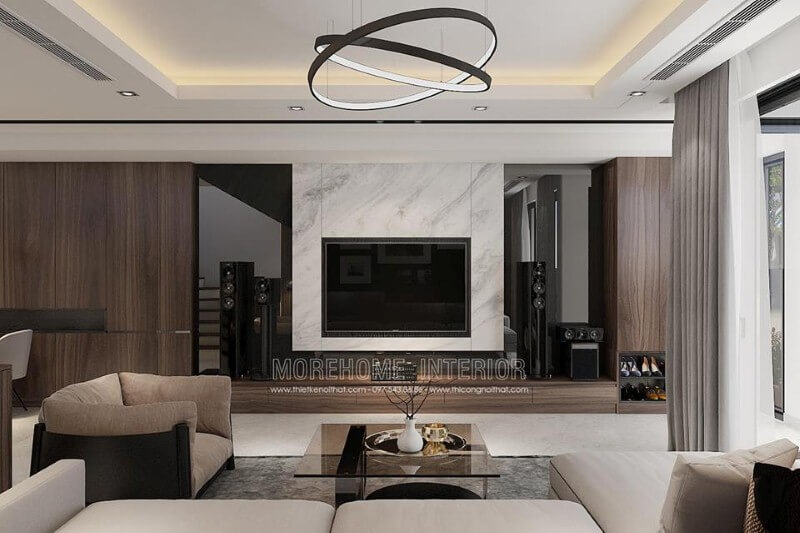 Thiết kế phòng khách ấn tượng từ tấm ốp phòng khách tương phản giữa 2 sắc màu đối lập: đen trắng. Thiết kế nội thất biệt thự