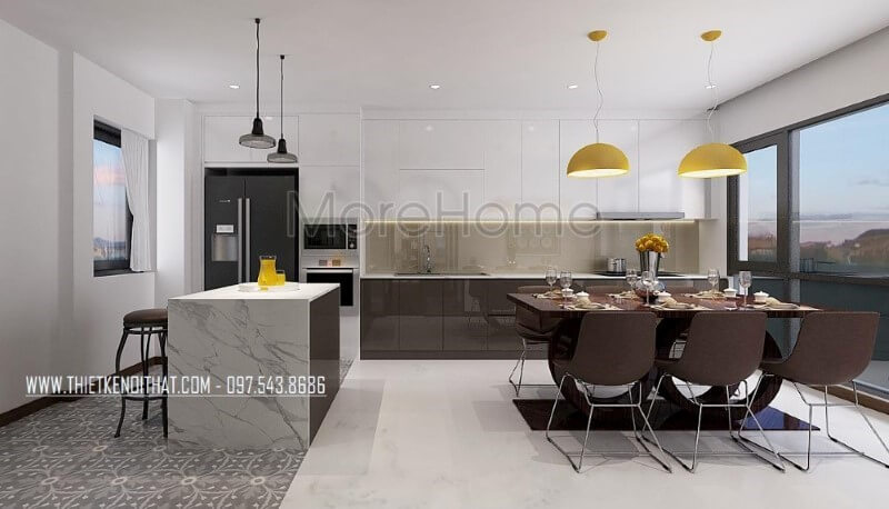 Tủ bếp đảo gỗ An Cường hiện đại lồng được bố trí khá đặc biệt với đảo bếp thiết kế theo cạnh chữ L với tủ bếp và nhường chỗ cho bộ bàn ghế ăn vừa tạo nên sự tiện nghi vừa mang lại không gian hài hòa, đẹp mắt, sang trọng. Mẫu tủ bếp nhà phố acrylic