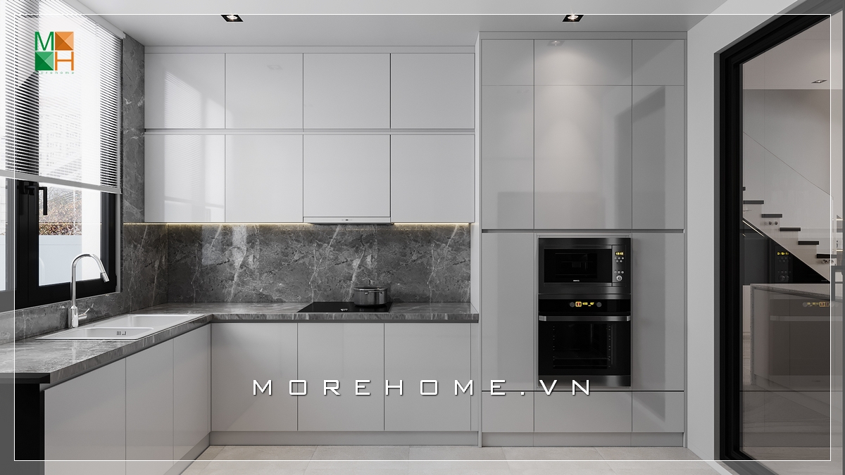 Mẫu tủ bếp màu trắng gỗ Acrylic đẹp hiện đại rất tiện nghi Mẫu tủ bếp nhà phố acrylic