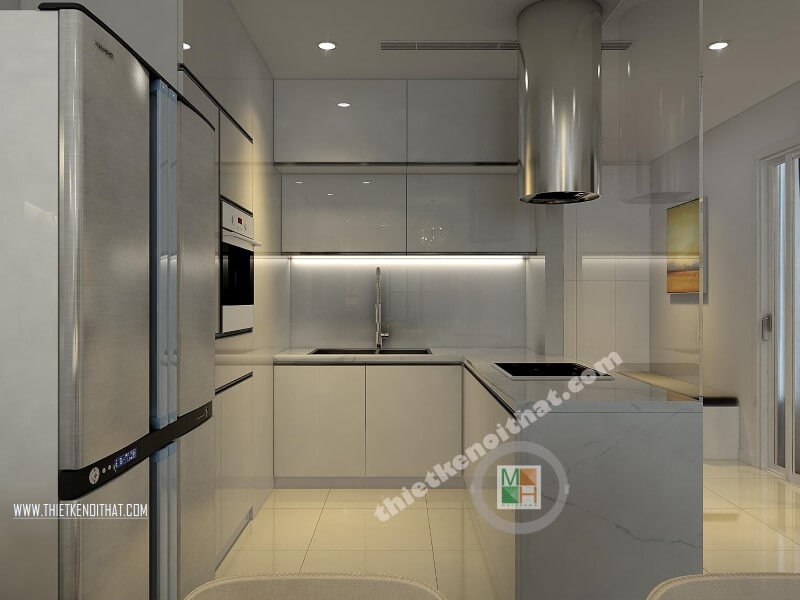 Mẫu thiết kế nội thất phòng bếp đẹp với hệ tủ bếp acrylic màu trắng kết hợp bàn đảo ốp đá nhân tạo cao cấp mang đến không gian sang trọng và đẳng cấp Đá ốp bàn đảo bếp chung cư