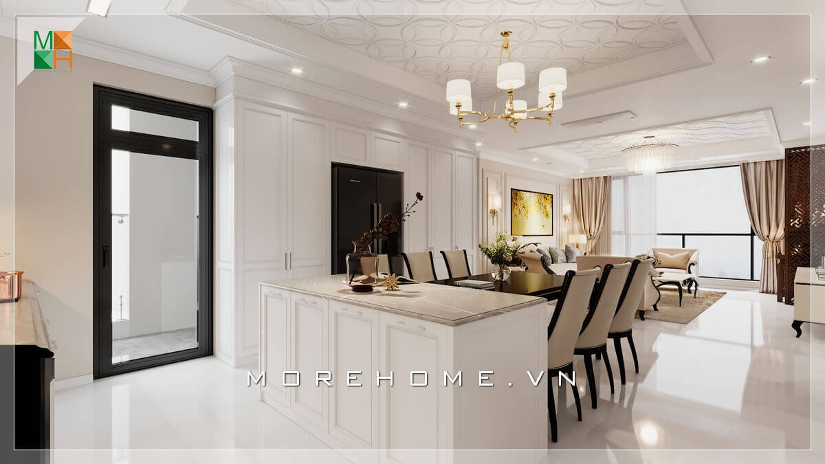 Mẫu đảo bếp tân cổ điển mặt ốp đá cao cấp sang trọng, phù hợp cho không gian thiết kế chung của ngôi nhà mang phong cách tân cổ điển. Đá ốp bàn đảo bếp chung cư