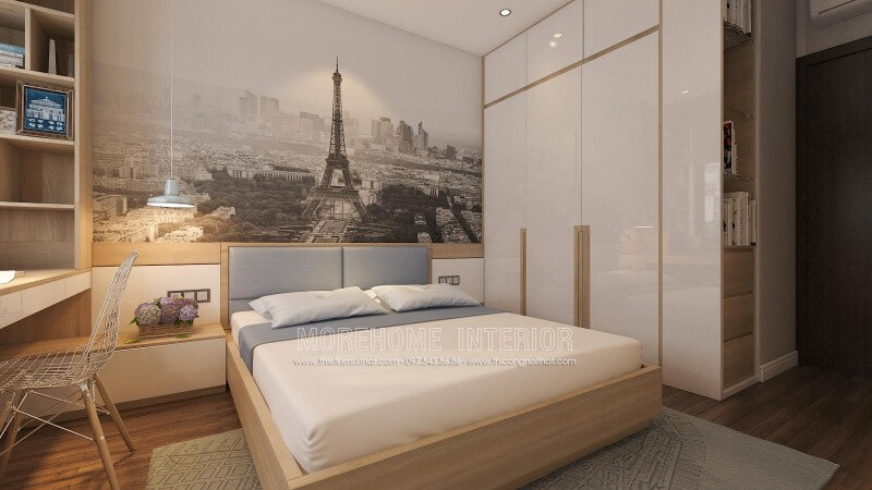 Giường bọc nệm hiện đại, tủ quần áo gỗ công nghiệp tối giản, đèn thả cùng tab đầu giường làm kệ đã tạo nên ý tưởng trang trí nội thất phòng ngủ đẹp, hiện đại nhưng đầy tiện ghi. Thiết kế chung cư