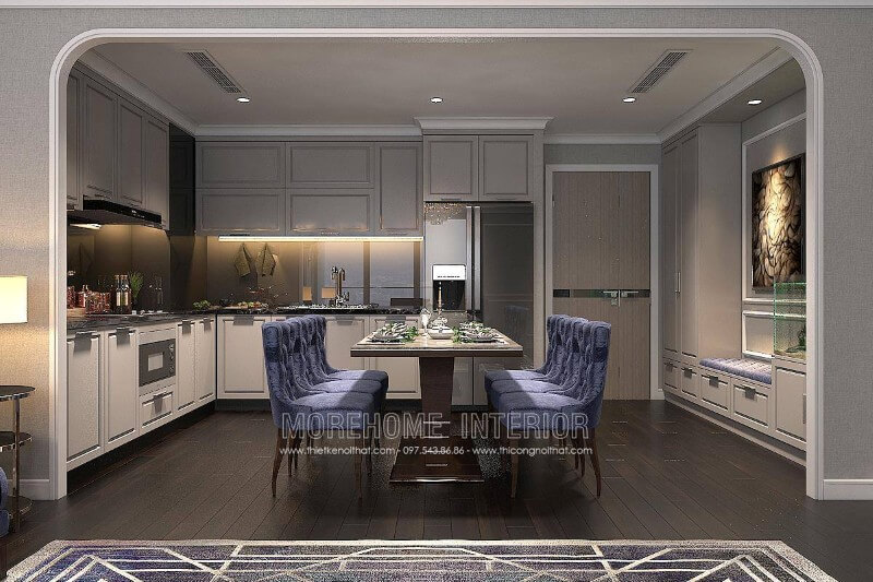 Tủ bếp gỗ công nghiệp sơn trắng với đường nét tân cổ điển đẹp mắt Tủ bếp màu trắng
