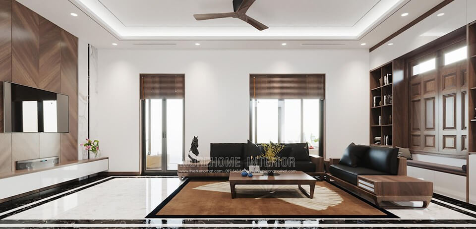 Thiết kế phòng khách gỗ óc chó cao cấp sang trọng cho biệt thự hiện đại tại Đông Anh Hà Nội Thiết kế phòng khách biệt thự