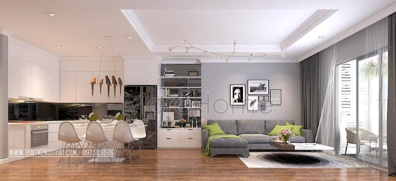 Tủ bếp chữ L được thiết kế hợp lí với phần bếp nấu và khu vực xơ chế rửa thực phẩm, thuận tiện hơn trong quá trình nấu nướng, dọn dẹp Tủ bếp gỗ công nghiệp và tủ bếp acrylic