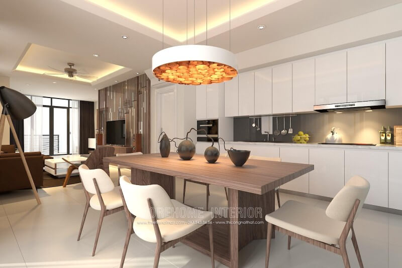 Mẫu tủ bếp gỗ công nghiệp màu trắng thanh thoát và tinh tế, kính ốp bếp màu xám đậm được KTS lựa chọn vừa tạo điểm nhấn bắt mắt, vừa giúp cho khu vực nấu nướng sạch sẽ, vệ sinh dễ dàng hơn Tủ bếp gỗ công nghiệp và tủ bếp acrylic