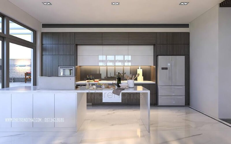 Tủ bếp đẹp, sang trọng từ gỗ công nghiệp An Cường cùng đá ốp nhân tạo cao cấp đã tạo nên vẻ đẹp hiện đại, độc đáo cho phòng bếp. Tủ bếp hiện đại đẹp