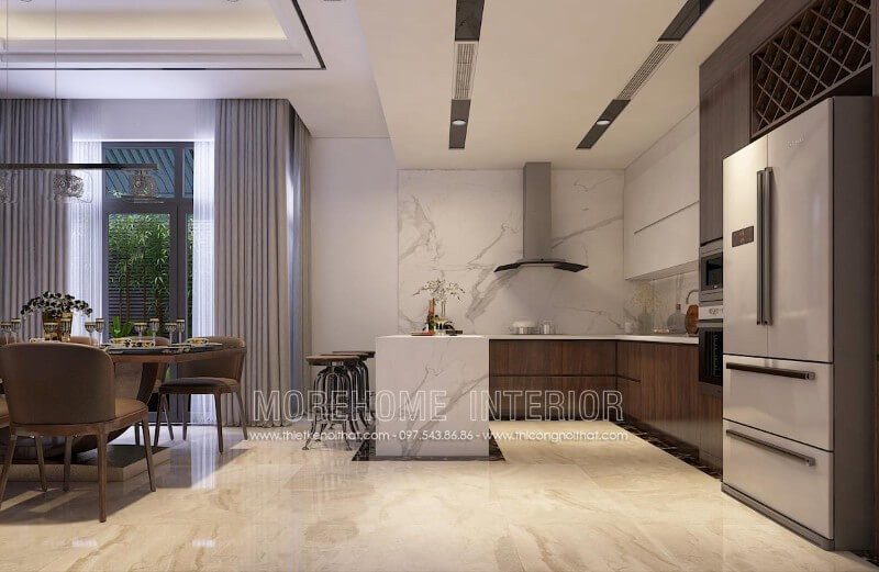 Mẫu thiết kế tủ bếp biệt thự kết hợp bàn đảo, bàn ăn phụ tạo cho gia chủ một không gian nấu nướng và dùng bữa tiện nghi hơn cả Thiết kế và sản xuất tủ bếp đẹp