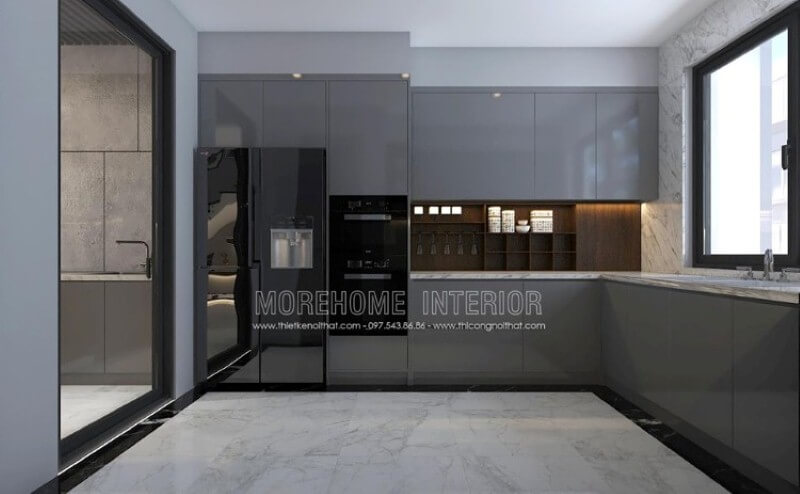 Mẫu tủ bếp gỗ công nghiệp acrylic màu xám đẹp mắt trong thiết kế nội thất phòng bếp hiện đại sẽ là lựa chọn khá phù hợp với các không gian như chung cư, biệt thự, nhà phố. Thiết kế và sản xuất tủ bếp đẹp