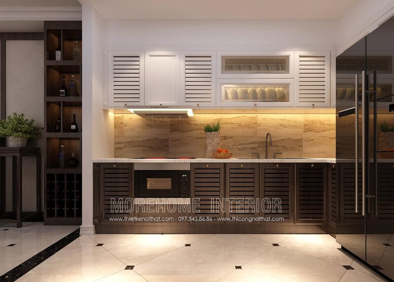 Thiết kế tủ bếp cho chung cư, nhà phố phong cách hiện đại, chất liệu gỗ sồi phun sơn nhập khẩu kết hợp thiết bị nhà bếp hiện đại đã phát huy được tối đa công năng sử dụng cũng như mang lại vẻ đẹp sang trọng cho không gian. Thiết kế và sản xuất tủ bếp đẹp