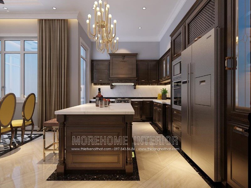 Tủ bếp biệt thự phong cách tân cổ điển mang lại không gian sang trọng, tinh tế, gây ấn tượng khi có khách đến nhà chơi với những lời trầm trồ khen ngợi về gu thẩm mĩ của gia chủ. Thiết kế và sản xuất tủ bếp đẹp