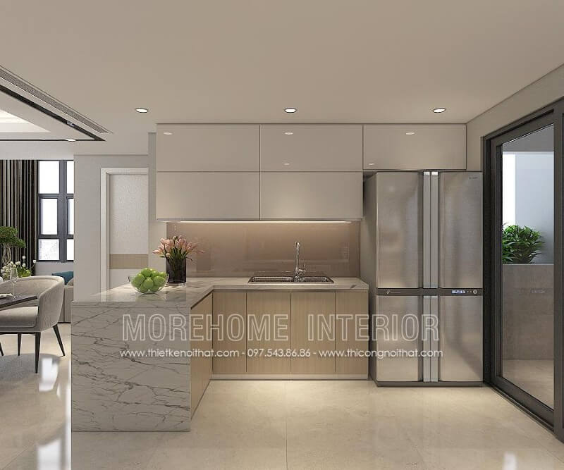 Tủ bếp đẹp đầy ấn tượng, tủ bếp treo phía trên sử dụng chất liệu gỗ Acrylic màu trắng tinh tế, tạo điểm nhấn lạ mắt cho không gia này, ở phía tủ bếp dưới, KTS lựa chọn gam màu vàng nhạt bằng chất liệu gỗ Melamine tạo nên không gian sang trọng tinh tế hơn Thiết kế và sản xuất tủ bếp đẹp