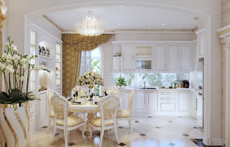 Thiết kế khu vực phòng ăn biệt thự theo xu hướng mở, tạo cảm giác rộng thoáng hơn cho không gian dùng bữa của gia chủ Thiết kế phòng ăn biệt thự