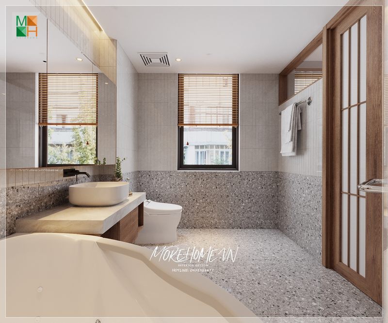 Thiết kế phòng tắm với phong cách hiện đại nội thất được sắp xếp phù hợp với mục đích sử dụng của gia chủ mang sự thoải mái tiện nghi nhất.