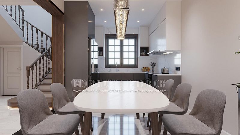 Mẫu bàn ăn gỗ tự nhiên kết hợp với ghế sofa bọc nỉ đơn giản đẹp