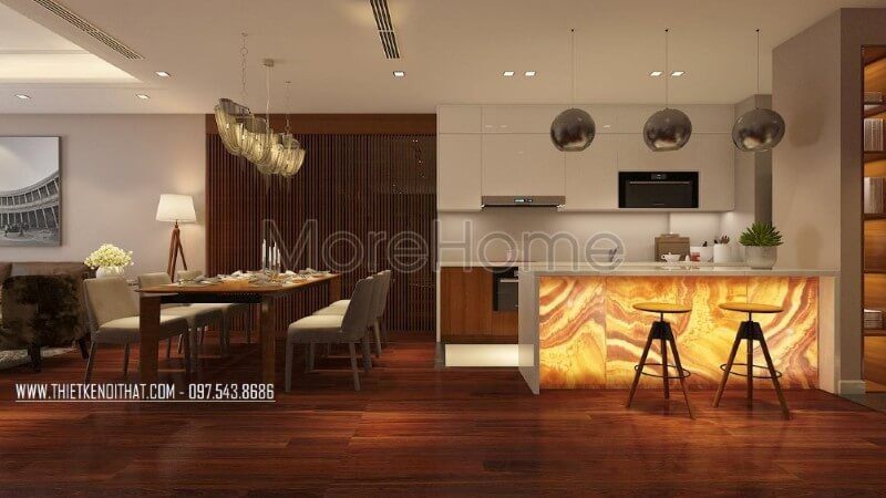 Thiết kế nội thất phòng bếp chung cư nhỏ gọn không quá phô trương về diện tích với đầy đủ các vật dụng cần thiết cho một căn bếp hiện đại.