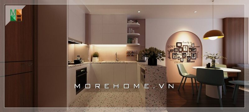 Mẫu thiết kế nội thất phòng ăn chung cư được ngăn cách bếp với bàn ăn bằng một vách ngăn dạng quầy bar cho không gian nhà thêm đẹp và hiện đại hơn.