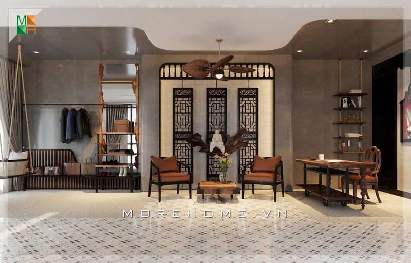 Một mẫu thiết kế nội thất có sự kết hợp liền kề giữa các không gian nhà với nhau tạo nên một sự gắn kết thống nhất mang phong cách Đông Dương quen thuộc hợp cho không gian nhà phố, biệt thự, chung cư.