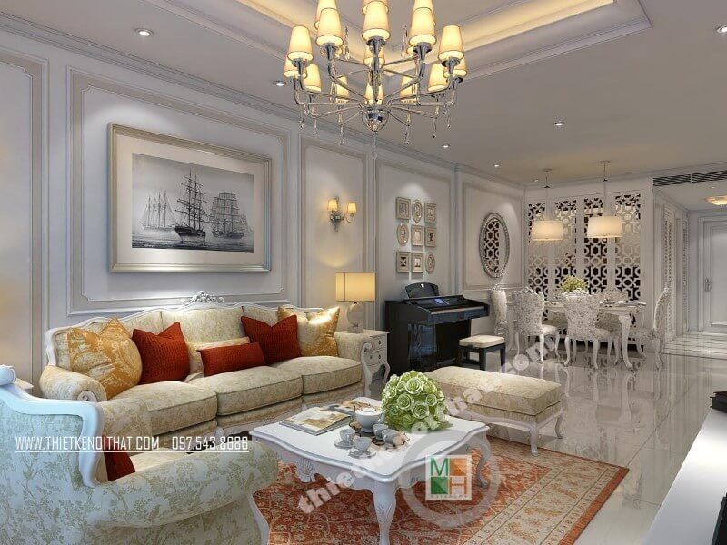 Tranh treo tường phòng khách giúp cho khu vực tiếp khách của gia chủ thêm phần mềm mại và ấn tượng hơn