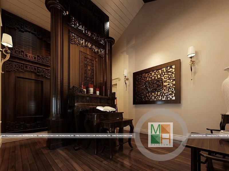 Mẫu bàn thờ gỗ tự nhiên sang trọng với thiết kế đường nét được chạm khách tỉ mỉ, tinh tế cho chốn linh thiêng