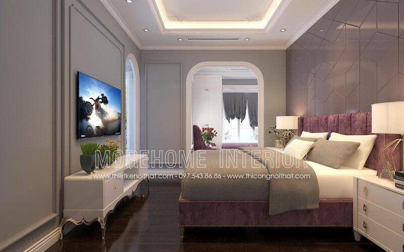 Giường ngủ tân cổ điển với gam màu tím nhẹ nhàng, thơ mộng đóng vai trò chủ đạo tạo nên điểm nhấn có sức hút mạnh mẽ đối với người sử dụng