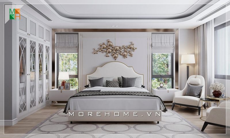 Mẫu giường ngủ cao cấp với thiết kế bọc nỉ viền vàng đầu giường kiểu dáng uốn lượn mang nét sang trọng, cao cấp cho không gian phòng ngủ