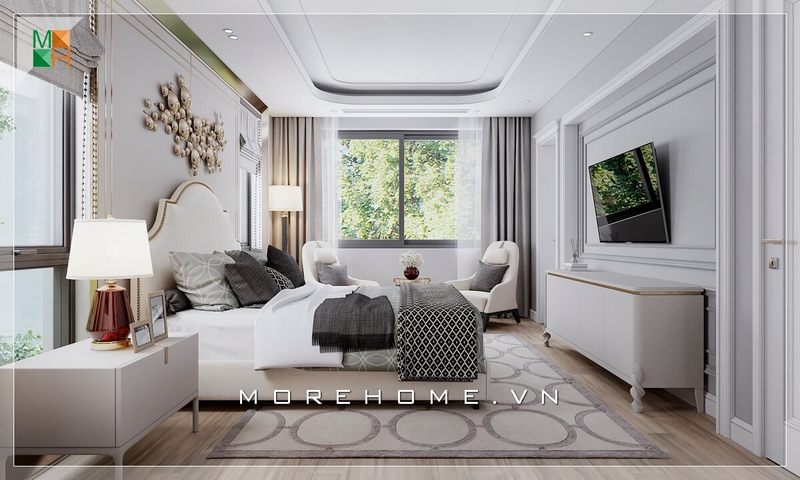 Mẫu thiết kế phòng ngủ với giường ngủ và hệ tủ tivi kèm tap đầu giường với gam màu trắng mang phong cách tân cổ điển đẹp sang trọng
