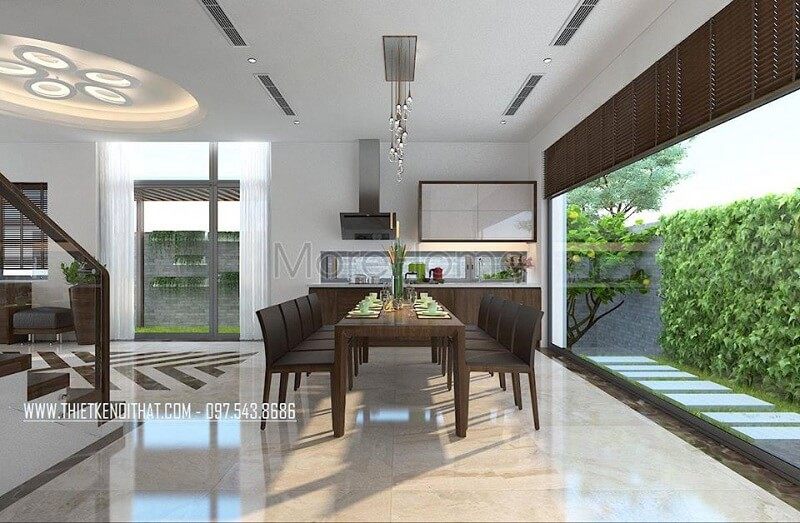 Thiết kế nội thất biệt thự đẹp với bộ bàn ăn độc đáo mang đến không gian phòng ăn lí tưởng sang trọng