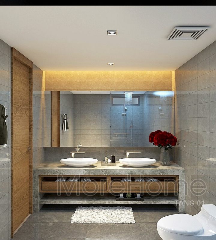 Mẫu tủ lavabo hiện đại được thiết kế xen lẫn giữa đá ốp toàn bộ bề mặt và gỗ