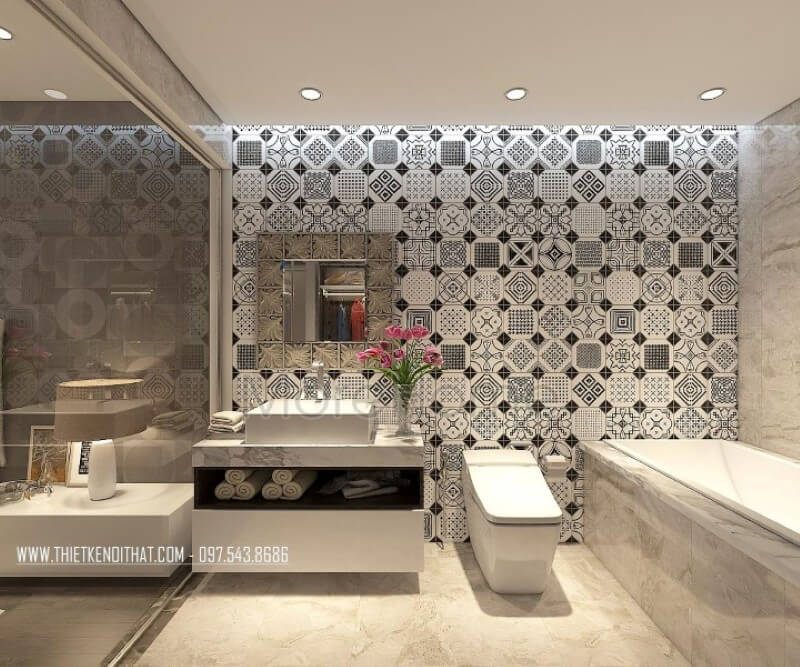 Sử dụng đá ốp lavabo màu trắng cho không gian thêm rộng rãi và sạch sẽ