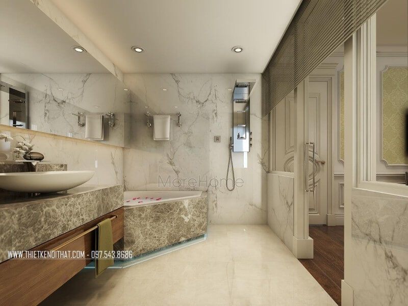 Đá tự nhiên ốp mặt lavabo được lựa chọn sử dụng giúp cho gia chủ dễ dàng lau chùi dễ dàng và vệ sinh