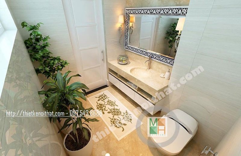 Mẫu kệ tủ lavabo gỗ công nghiệp hiện đại kết hợp đá ốp bề mặt tủ hiện đại