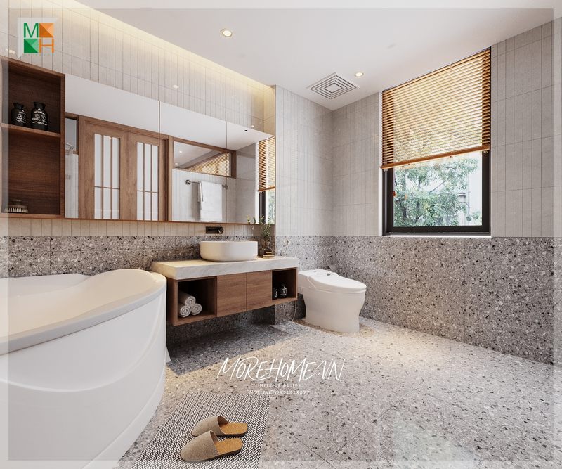Kệ tủ lavabo treo tường gỗ công nghiệp mặt đá trắng hiện đại cất trữ sắp xếp đồ thiết yếu trong phòng tắm gọn gàng ngăn nắp.