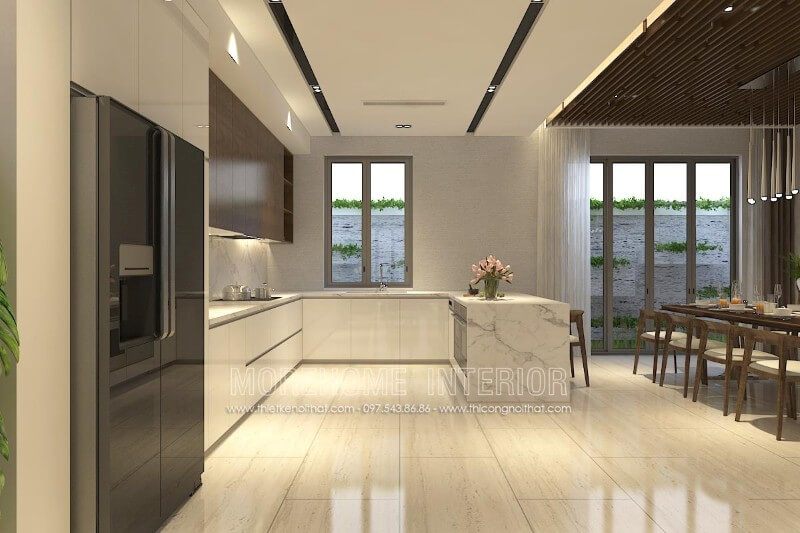 Tủ bếp chữ U theo phong cách hiện đại được thiết kế để phù hợp với nhà biệt thự cao cấp Vinhomes Gardenia.