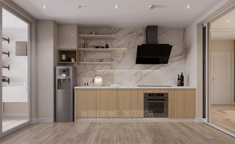 Nội thất phòng bếp của căn hộ được trang bị với những mẫu đồ nội thất hiện đại.