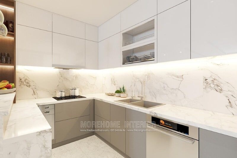 Thiết kế nội thất căn bếp chung cư với sự kết hợp giữa những yếu tố khoa học và tiện nghi.